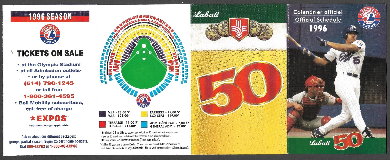 1996 MONTREAL EXPOS Labatt 50 Regular Season POCKET SCHEDULE EX-MINT