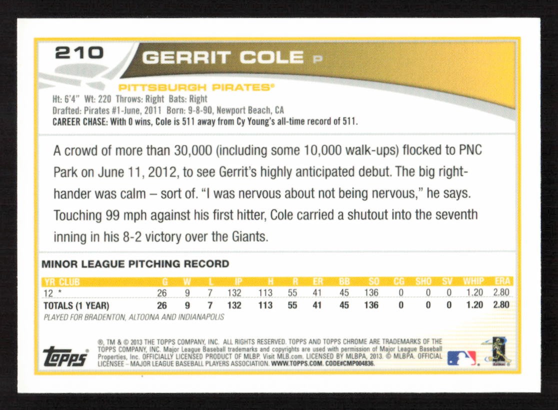 2013 Topps Chrome Gerrit Cole Pitching RC Rookie #210a Card – Quantity!