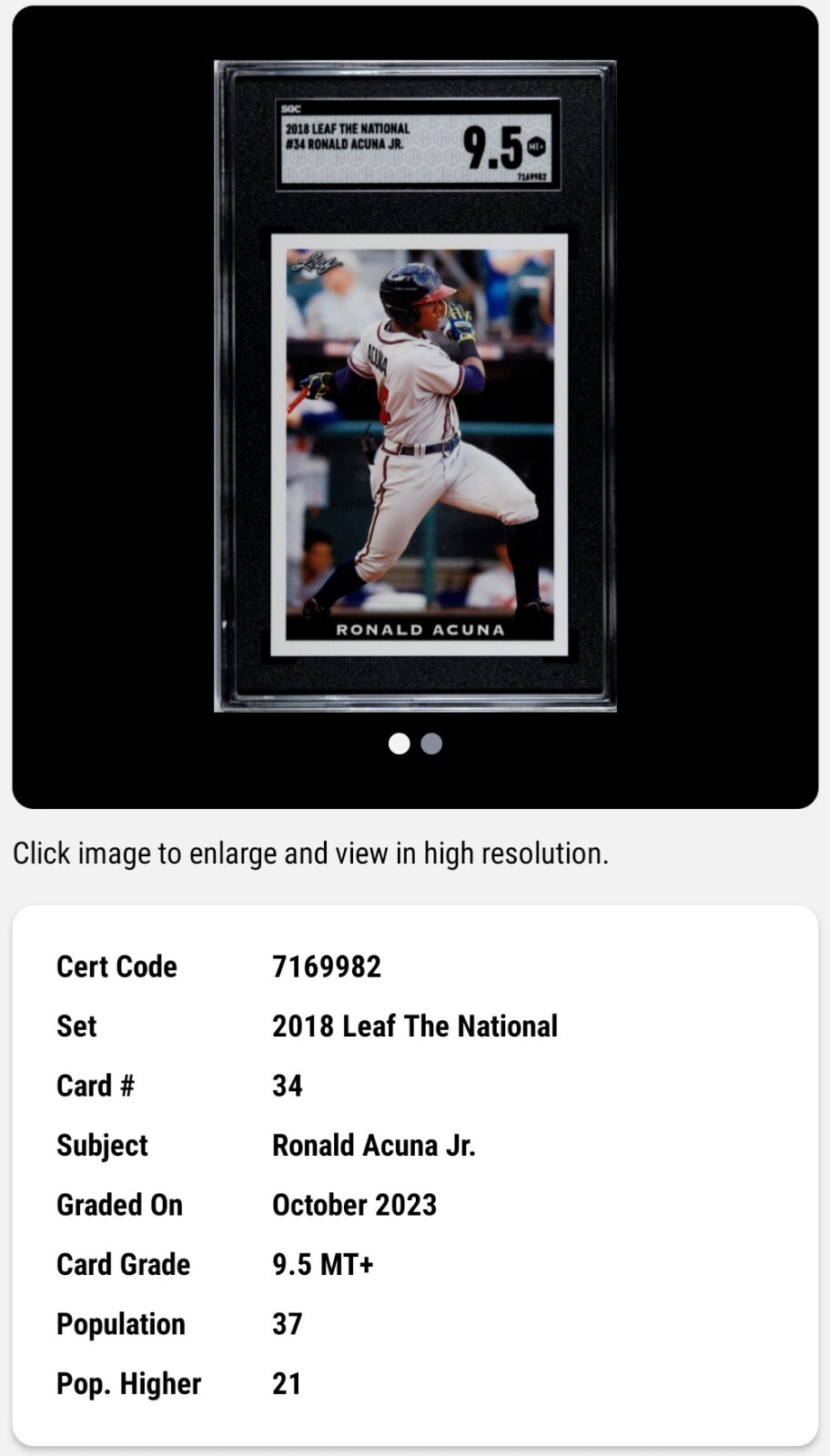 2018 Leaf The National Baseball #34 Ronald Acuna Jr Rookie Card Braves SGC 9.5