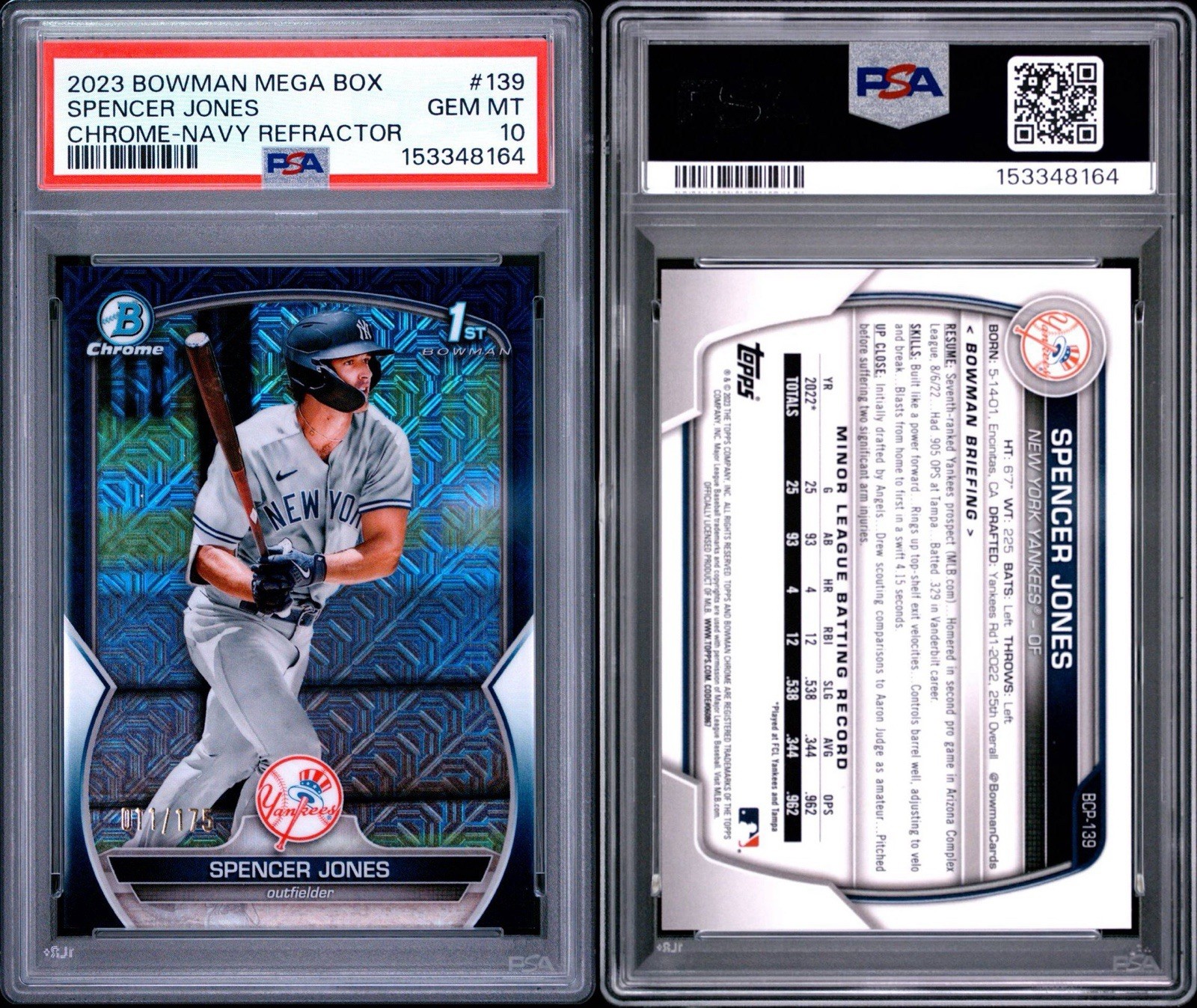 2023 BOWMAN MEGA BOX CHROME | NAVY REFRACTOR [#11/175] Spencer Jones PSA 10