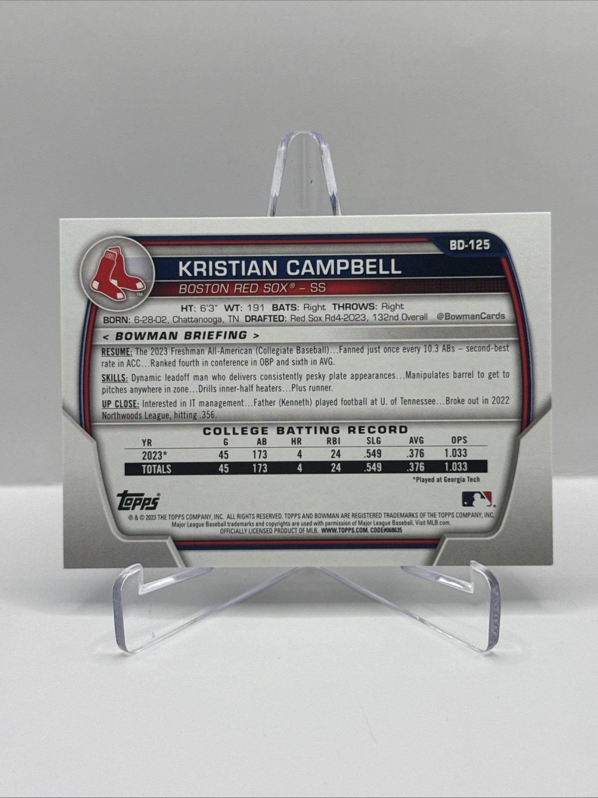 Kristian Campbell 2023 Bowman Draft Sky Blue /499 1st Prospect #BD-125 Red Sox