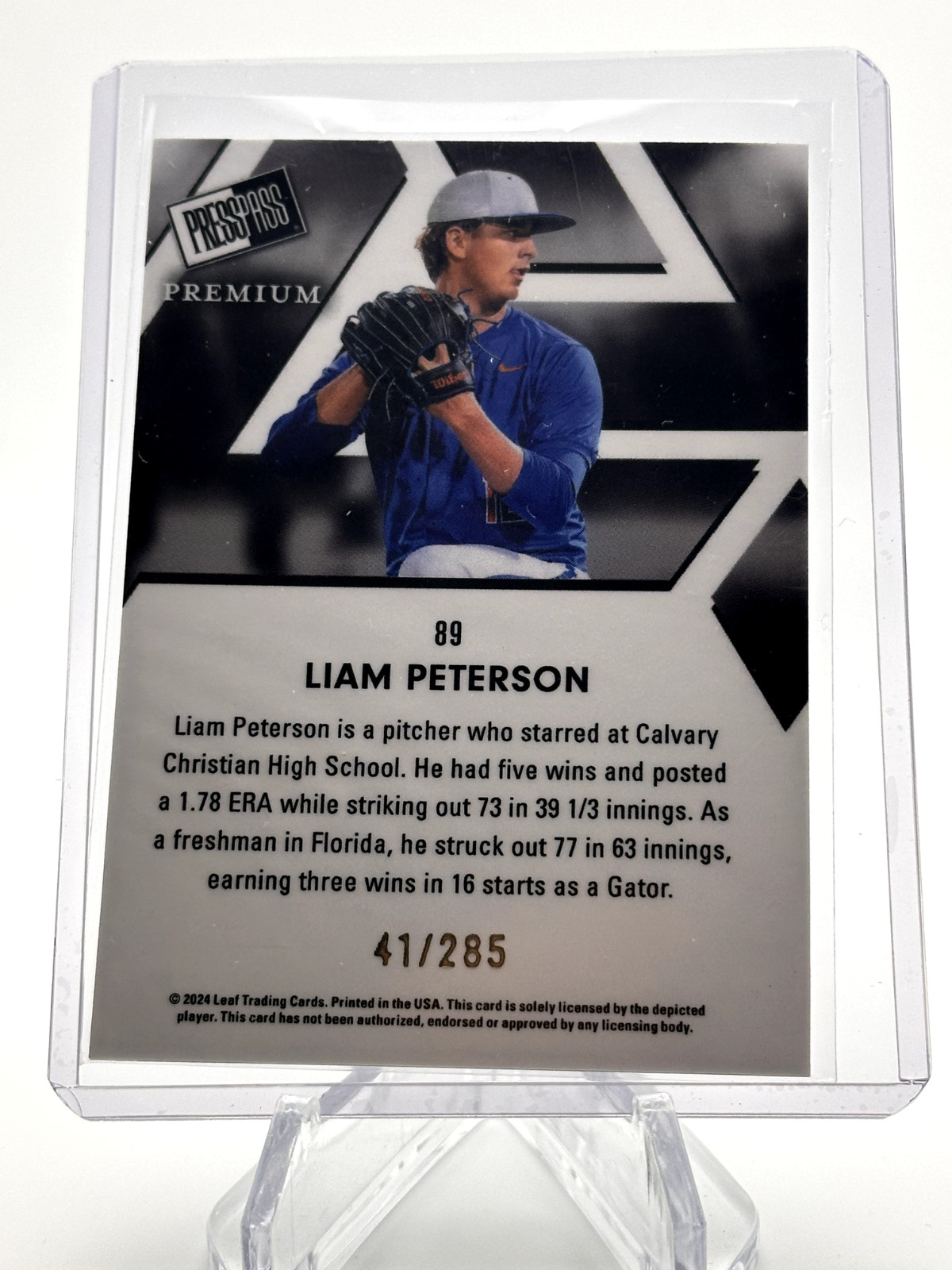 LIAM PETERSON 2024 LEAF PRESS PASS PREMIUM SILVER NON AUTO /285 FLORIDA