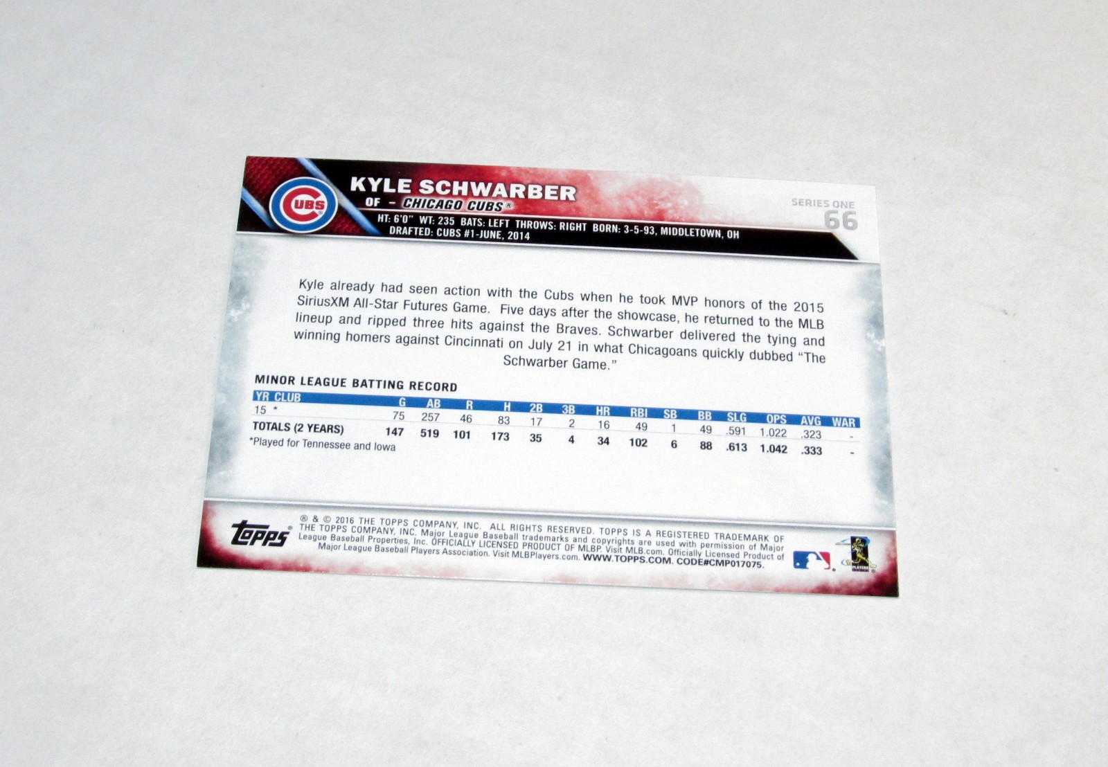 2016 Topps 66 Kyle Schwarber Rookie RC Cubs NICE