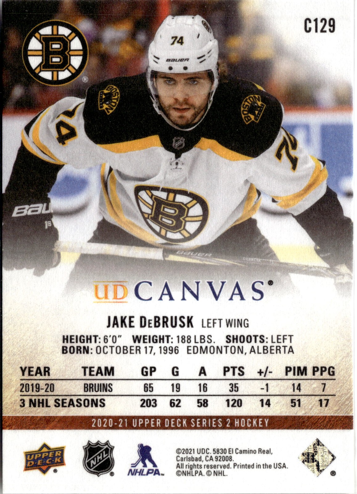 2020-21 Upper Deck #C129 Jake DeBrusk UD Canvas
