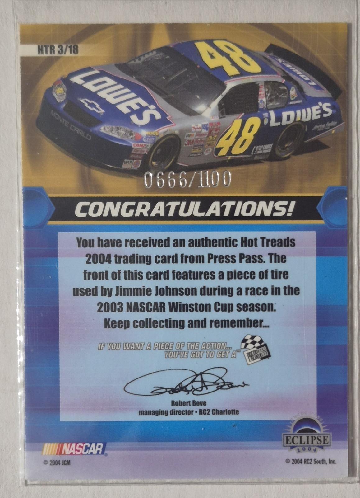 JIMMIE JOHNSON – 2004 Press Pass Eclipse – Hot Treads 666/1100 RACE USED TIRE