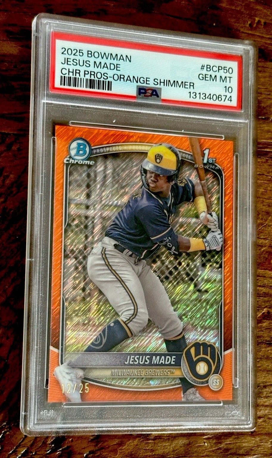 12/25 JESUS MADE 2025 Bowman Chrome #BCP-50 Orange Shimmer PSA 10 Brewers Rookie