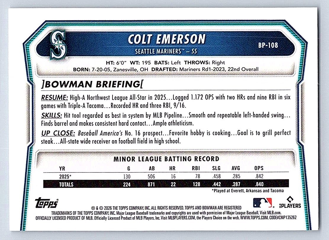 COLT EMERSON MARINERS 2026 BOWMAN PROSPECTS #BP-108