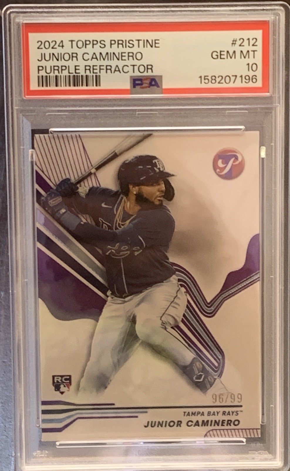 2024 Topps Pristine Junior Caminero Purple Refractor /99 RC 212 PSA 10 TB Rays