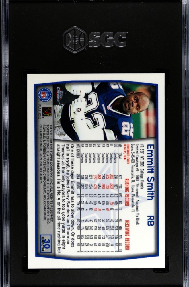 1999 Topps Chrome #30 Emmitt Smith Refractor SGC 9 Well Centered Solid Mint Card