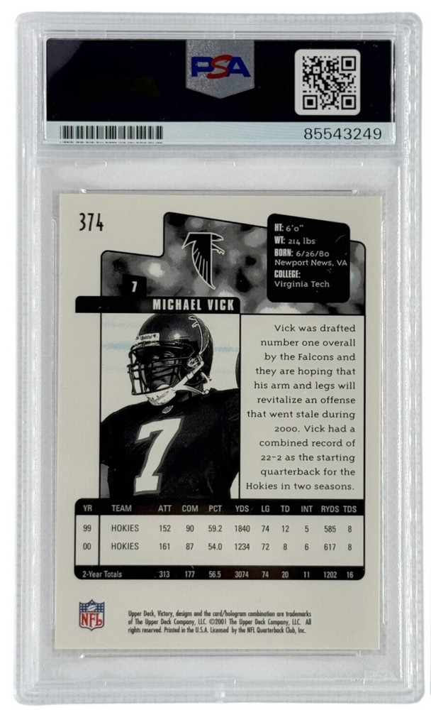 Atlanta Falcons Michael Vick Autographed 2001 Upper Deck Victory RC #374 PSA/DNA