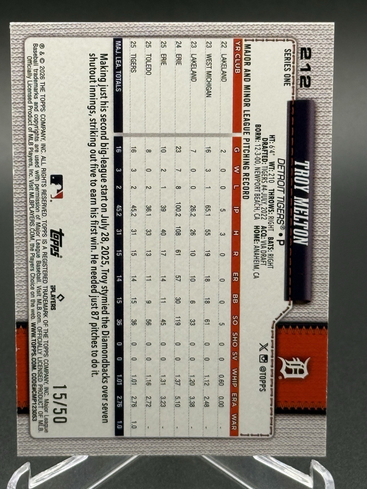 2026 Topps TROY MELTON Canvas Parallel /50 #212 (RC) – Tigers