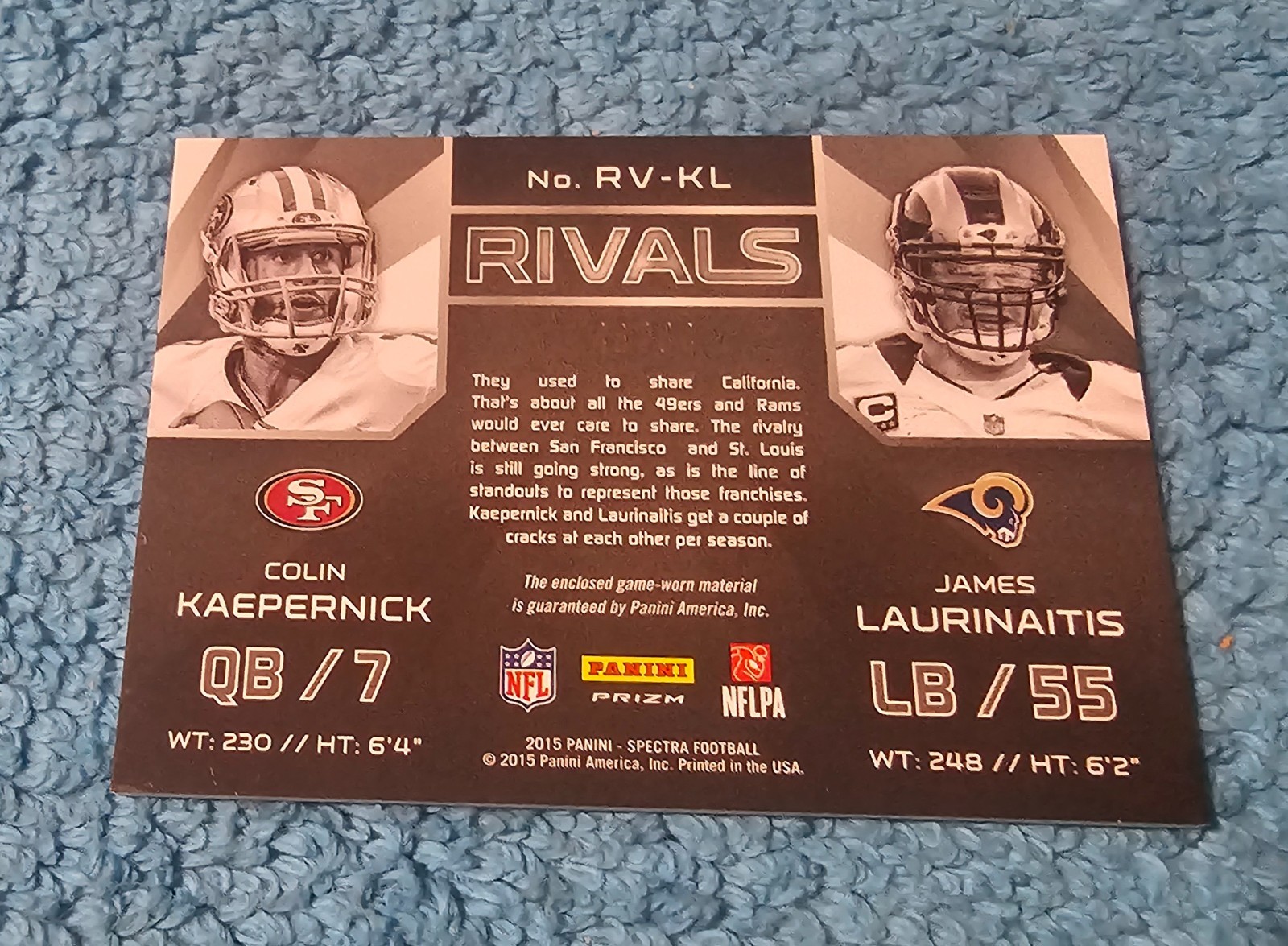 2015 Spectra Rivals Colin Kaepernick / James Laurinaitis Blue Prizm 48/50 #RV-KL
