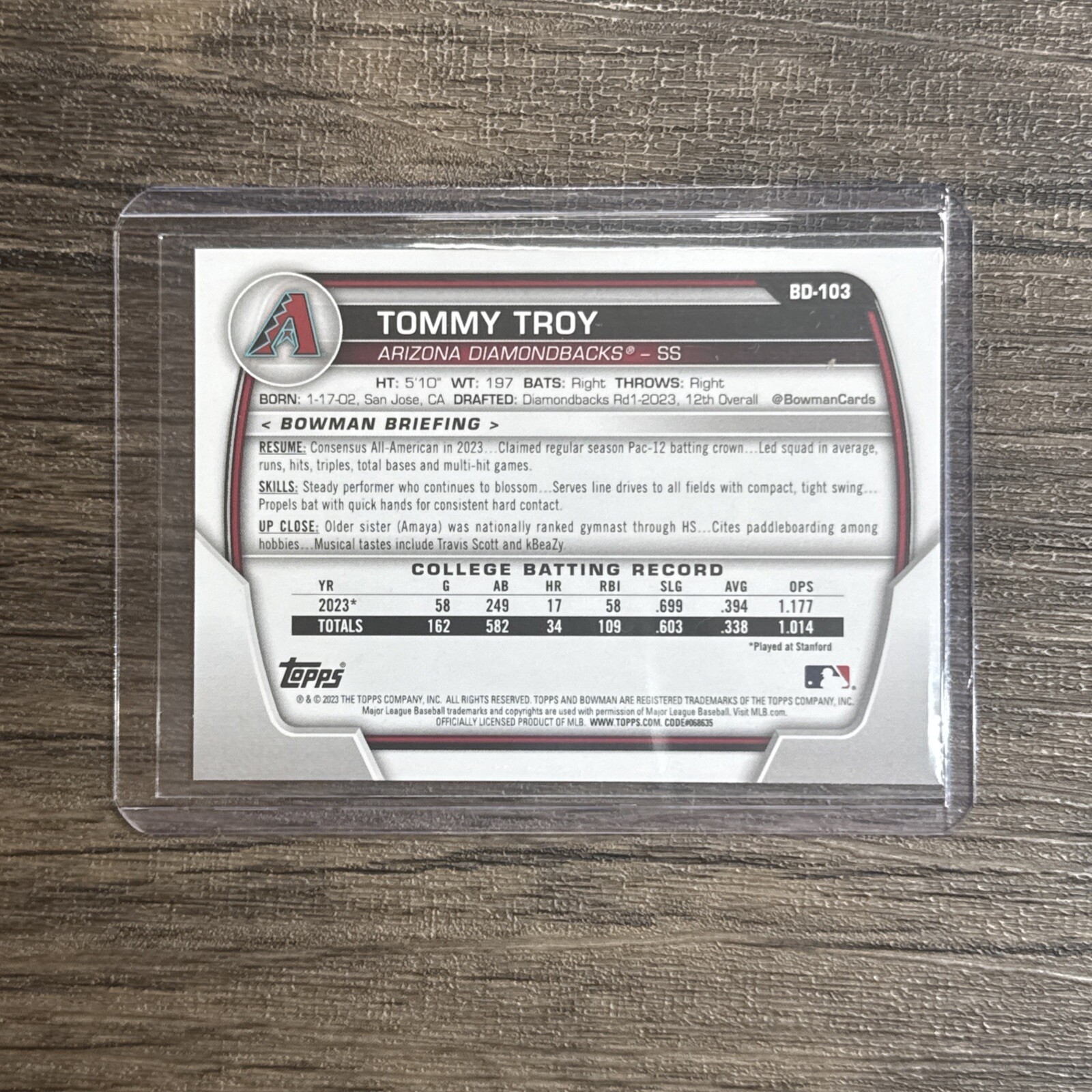 2024 Bowman Draft TOMMY TROY 1ST BOWMAN #BD-103 Diamondbacks