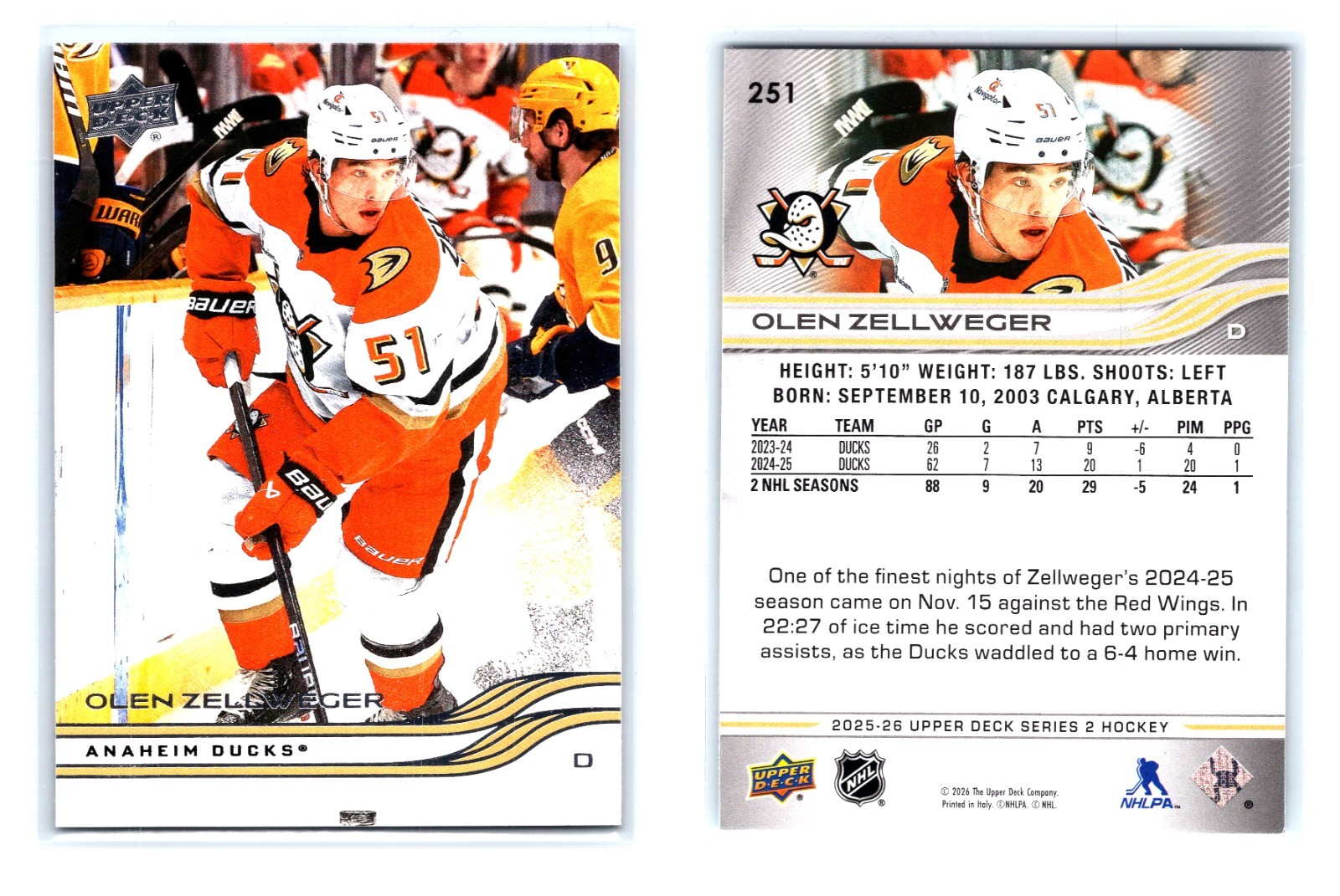 2025-26 Upper Deck Olen Zellweger #251 O-Pee-Chee Stars Ducks MT