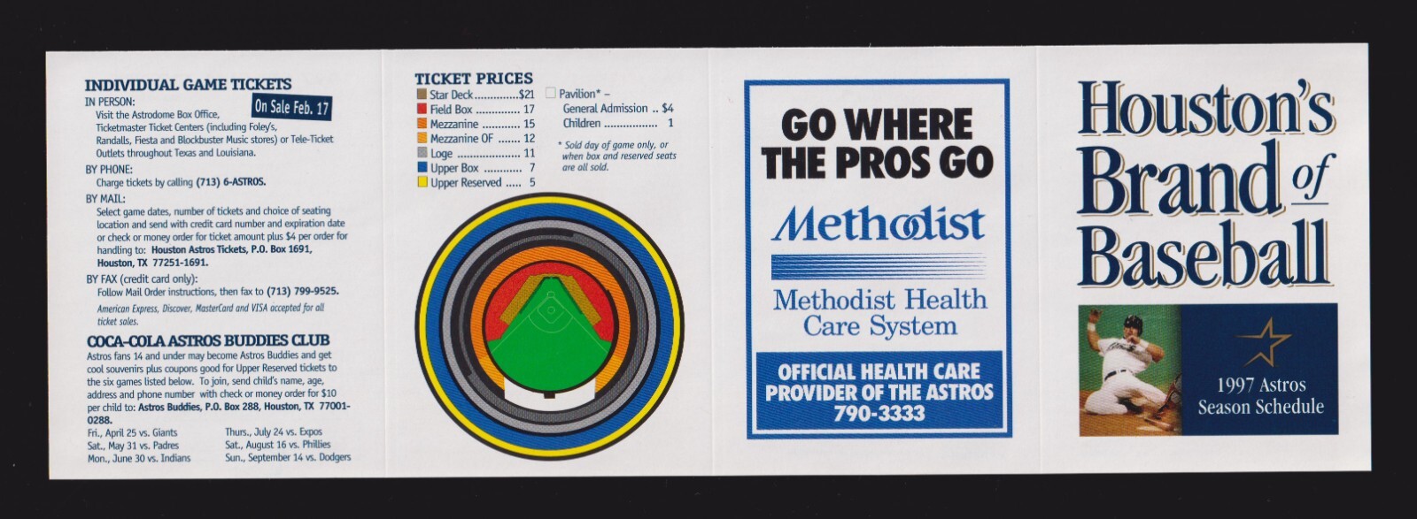 1997 HOUSTON ASTROS Regular Season Methodist POCKET SCHEDULE NM-MINT