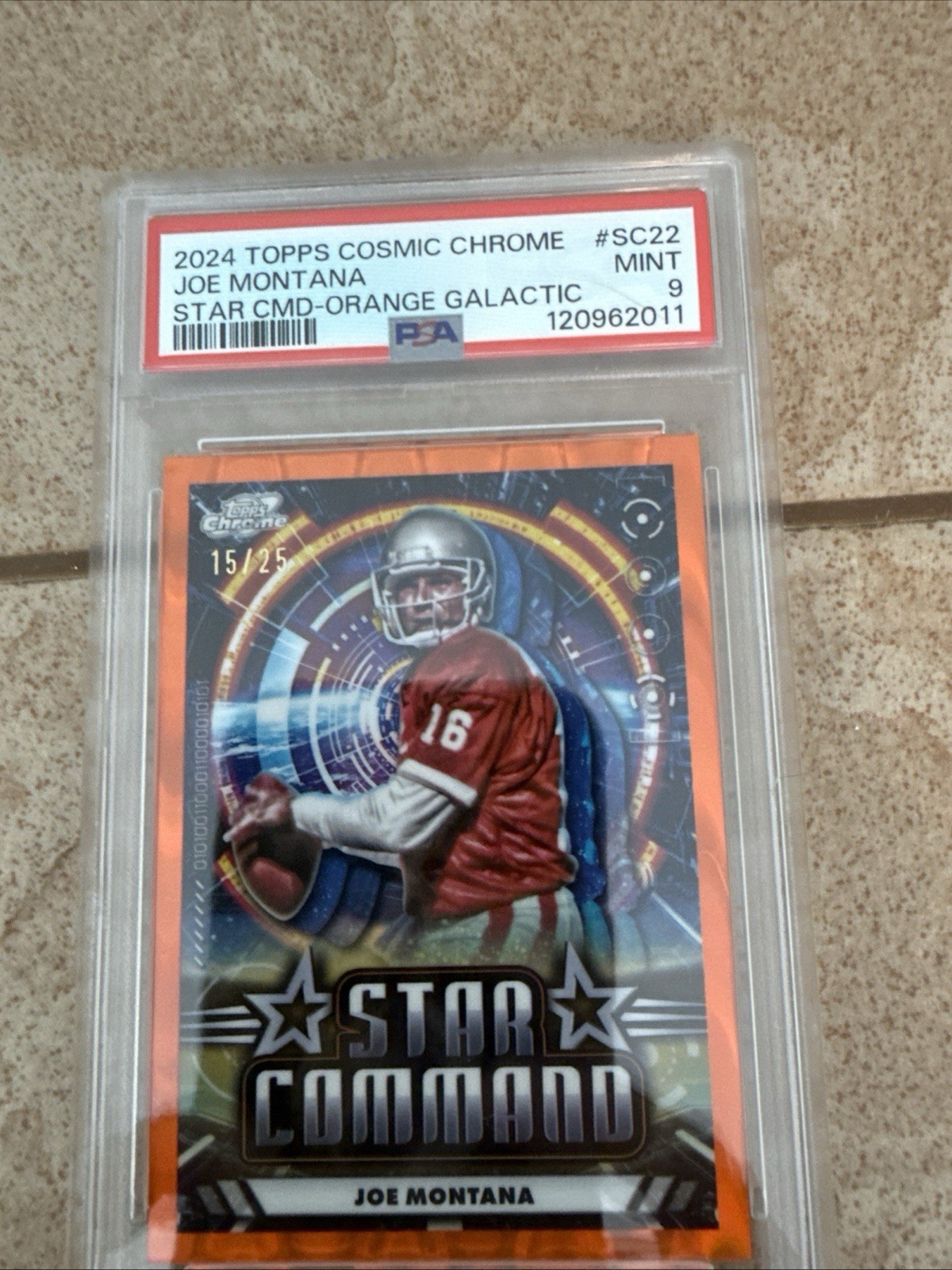 2024 TOPPS COSMIC CHROME STAR COMMAND ORANGE GALACTICk Joe Montana 15/25 PSA 9