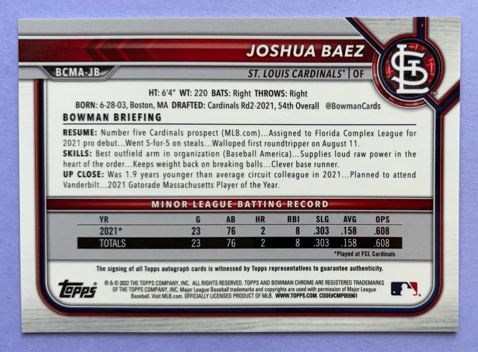 2022 Bowman Chrome Mega Box Joshua Baez On-Card Auto #BCMA-JB – STL Top Prospect