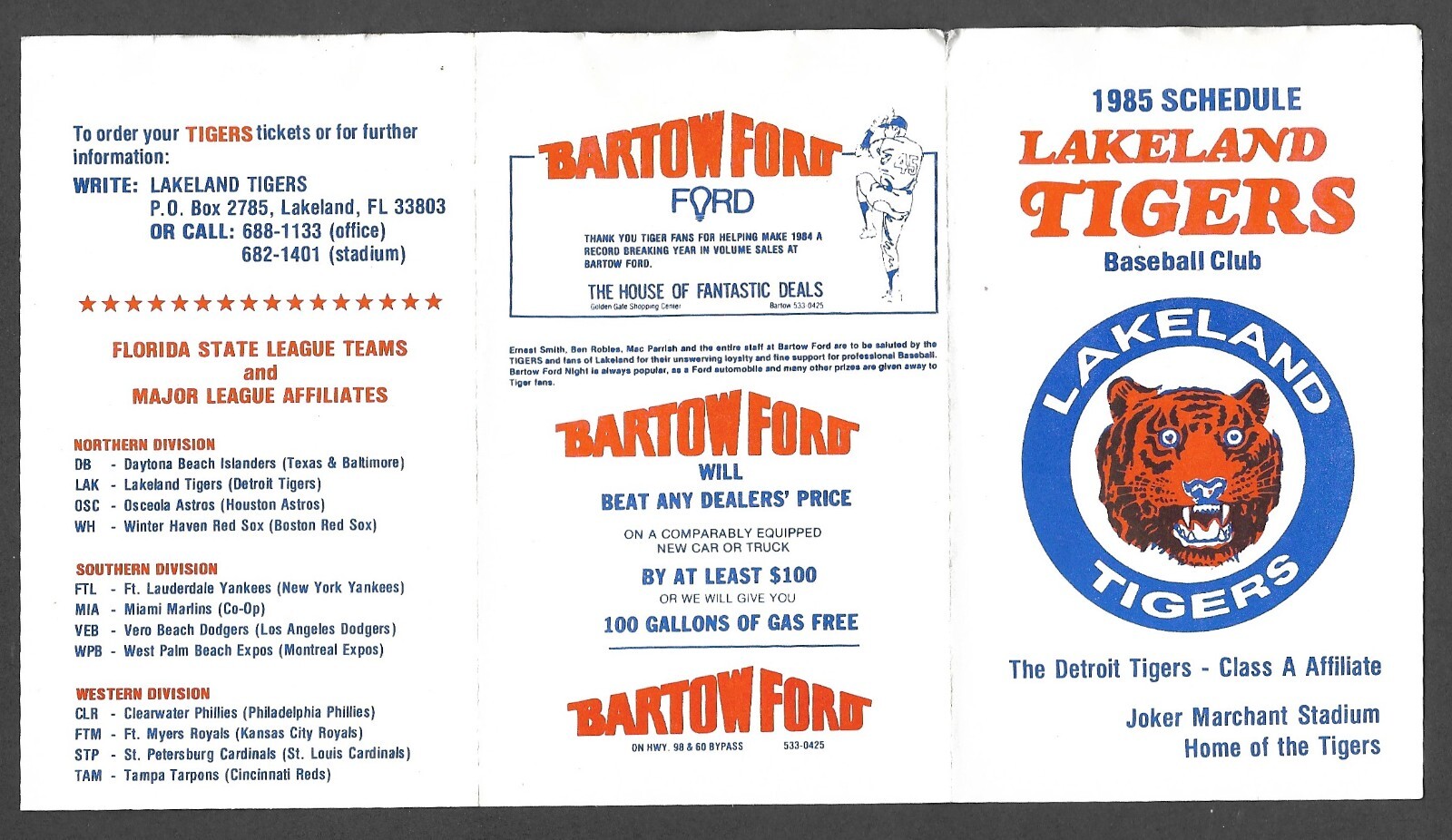 1985 LAKELAND TIGERS (Minors) Barton Ford Regular Season POCKET SCHEDULE VG