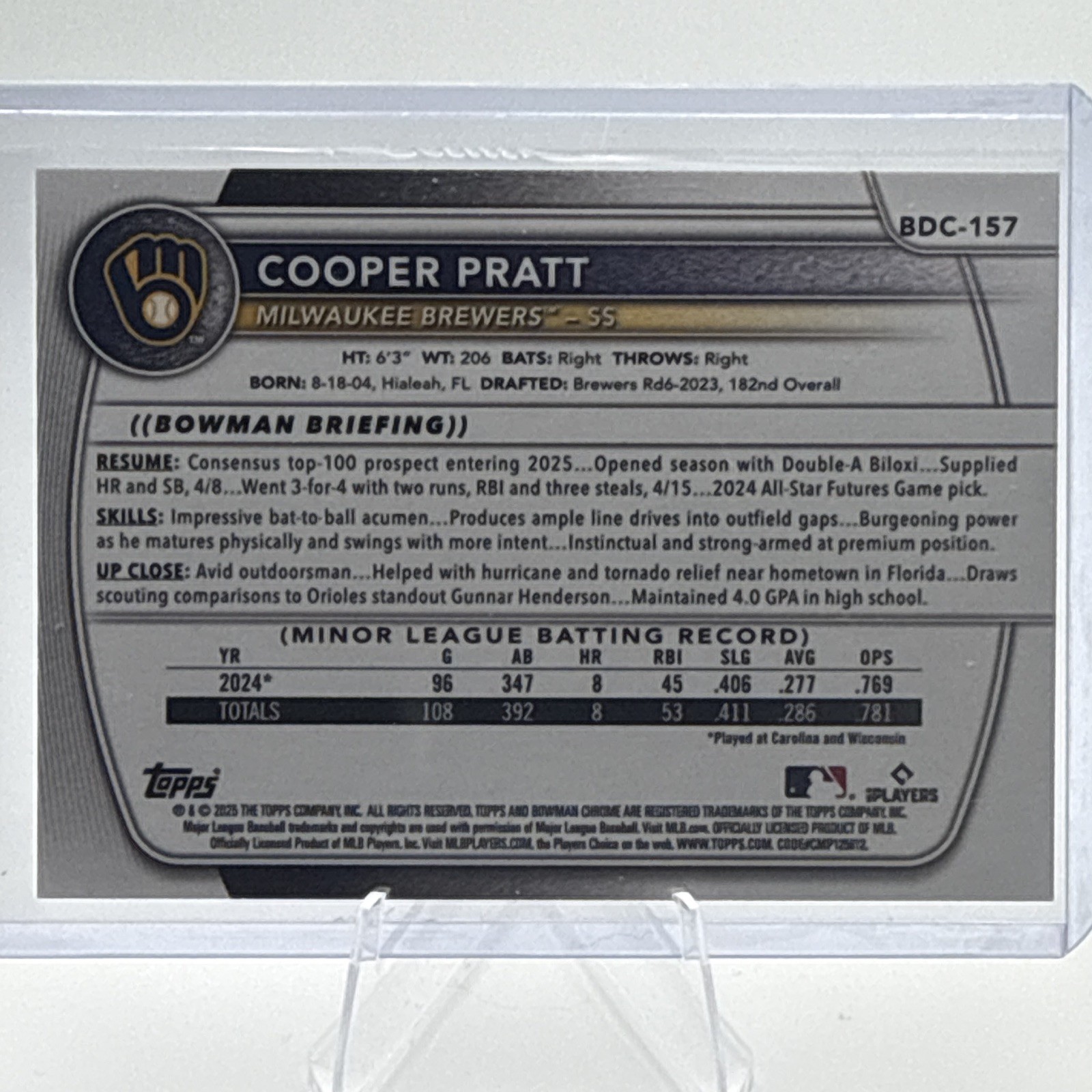 2025 Bowman Draft Cooper Pratt Prospects Purple Refractor /250 Brewers #BDC-157