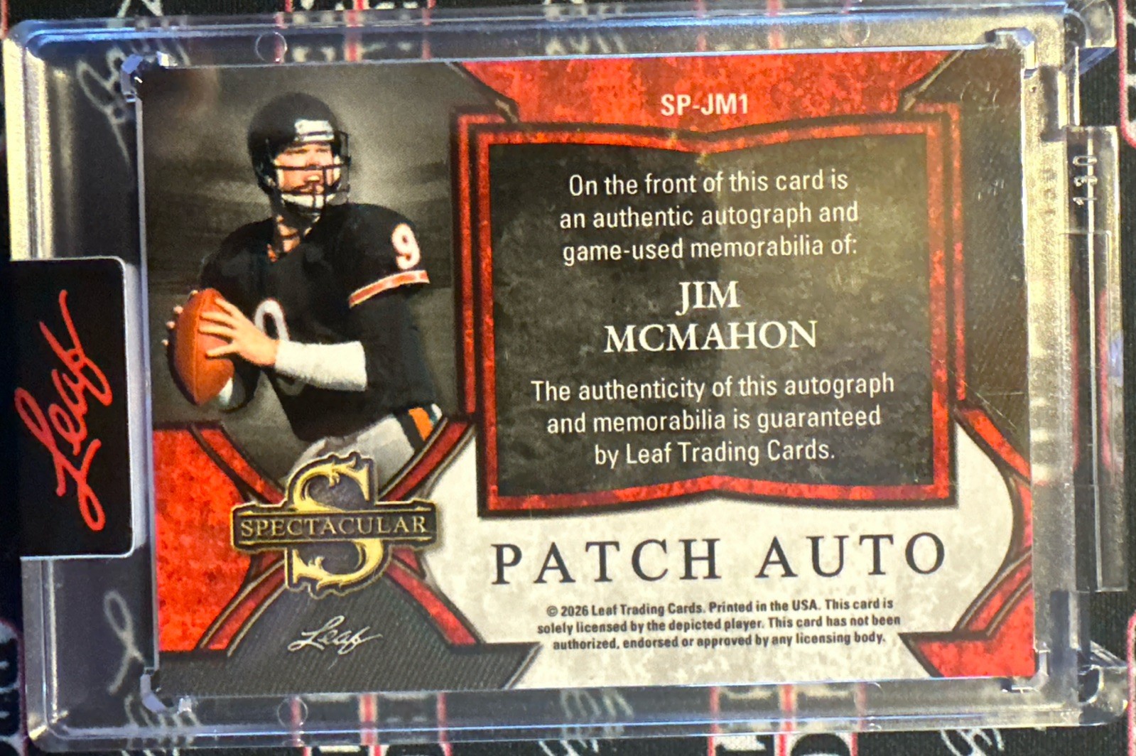 Jim McMahon 2026 Leaf Spectacular Patch Auto SP-JM1 Silver Holo 5/8 Bears