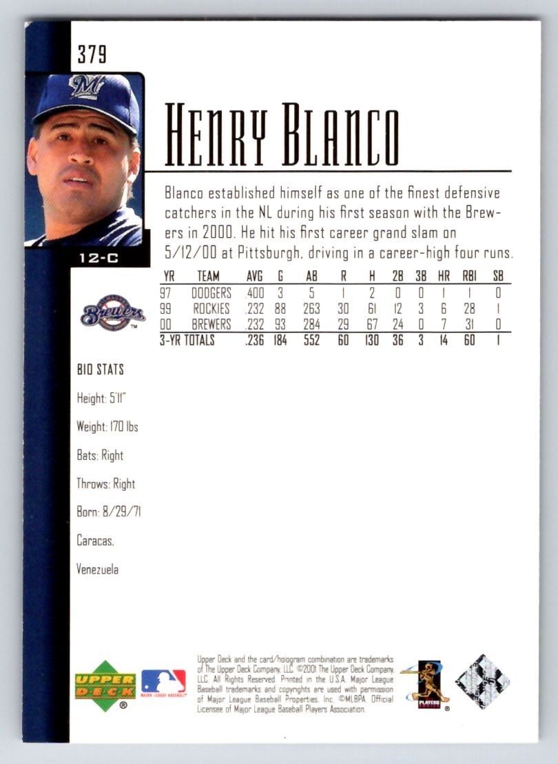 2001 Upper Deck – Henry Blanco #379 – *Near Mint-Mint*