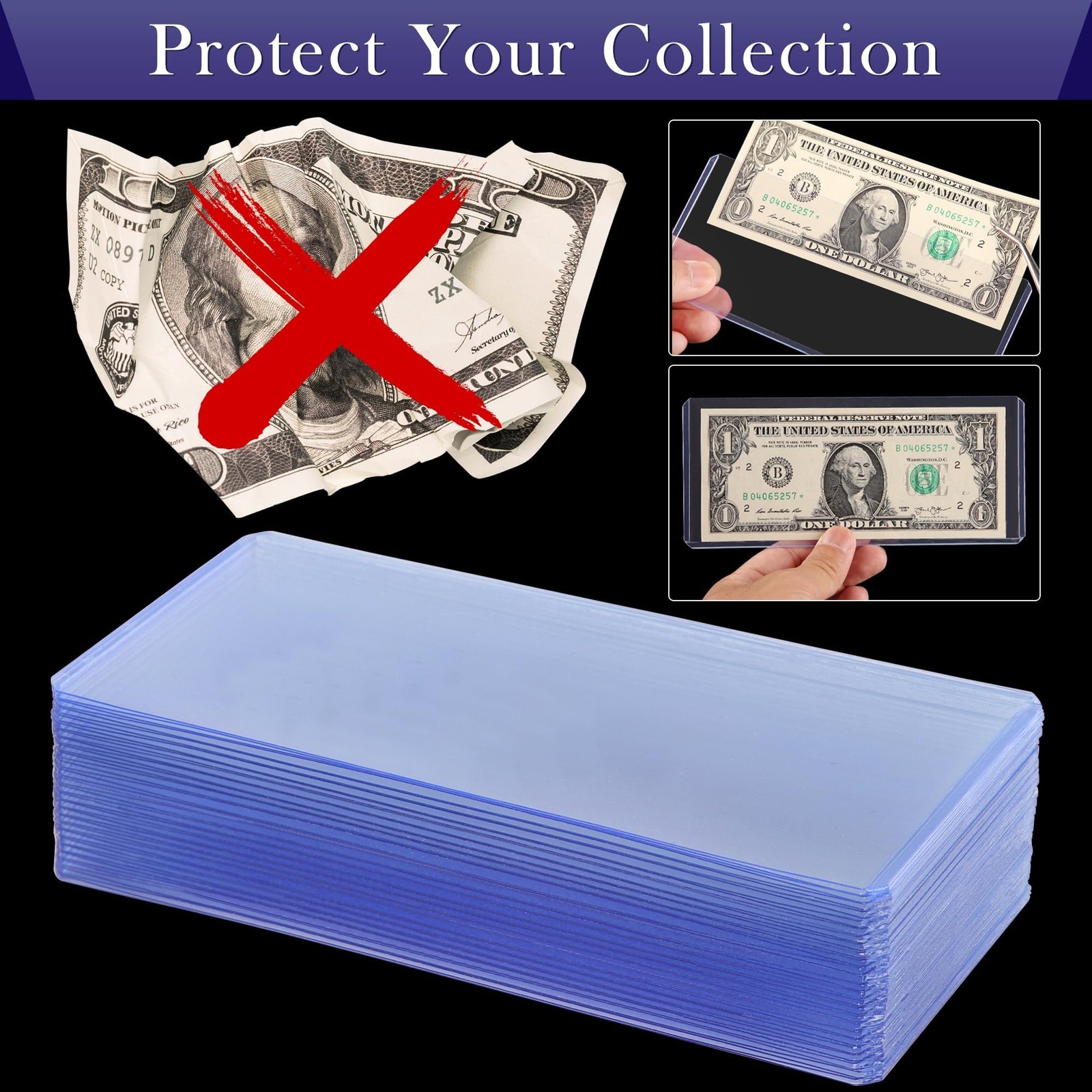25PCS Blue Clear Banknote Holders – 25 Pcs [6.6″x2.8″], Transparent