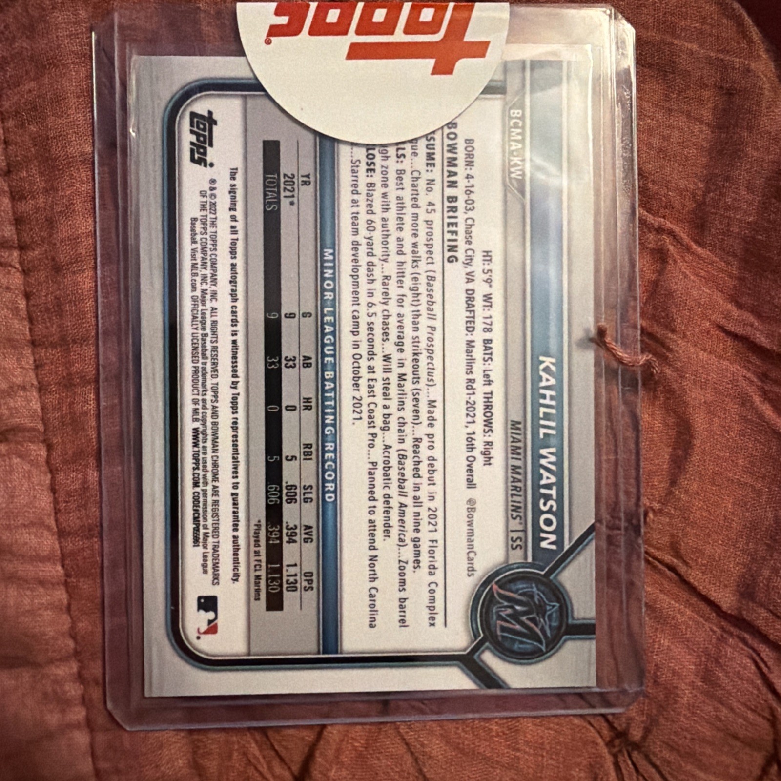 2022 Bowman Chrome – Mega Box Chrome Mojo Autographs Kahlil Watson #BCMA-KW (AU,