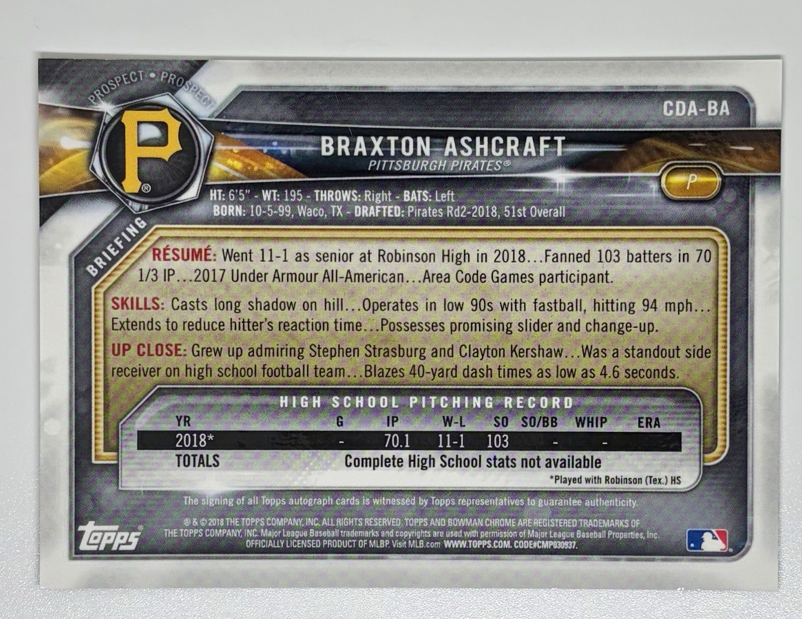 Braxton Ashcraft 2019 Bowman Chrome 1st Auto RC /50 Gold Pirates Wave Draft