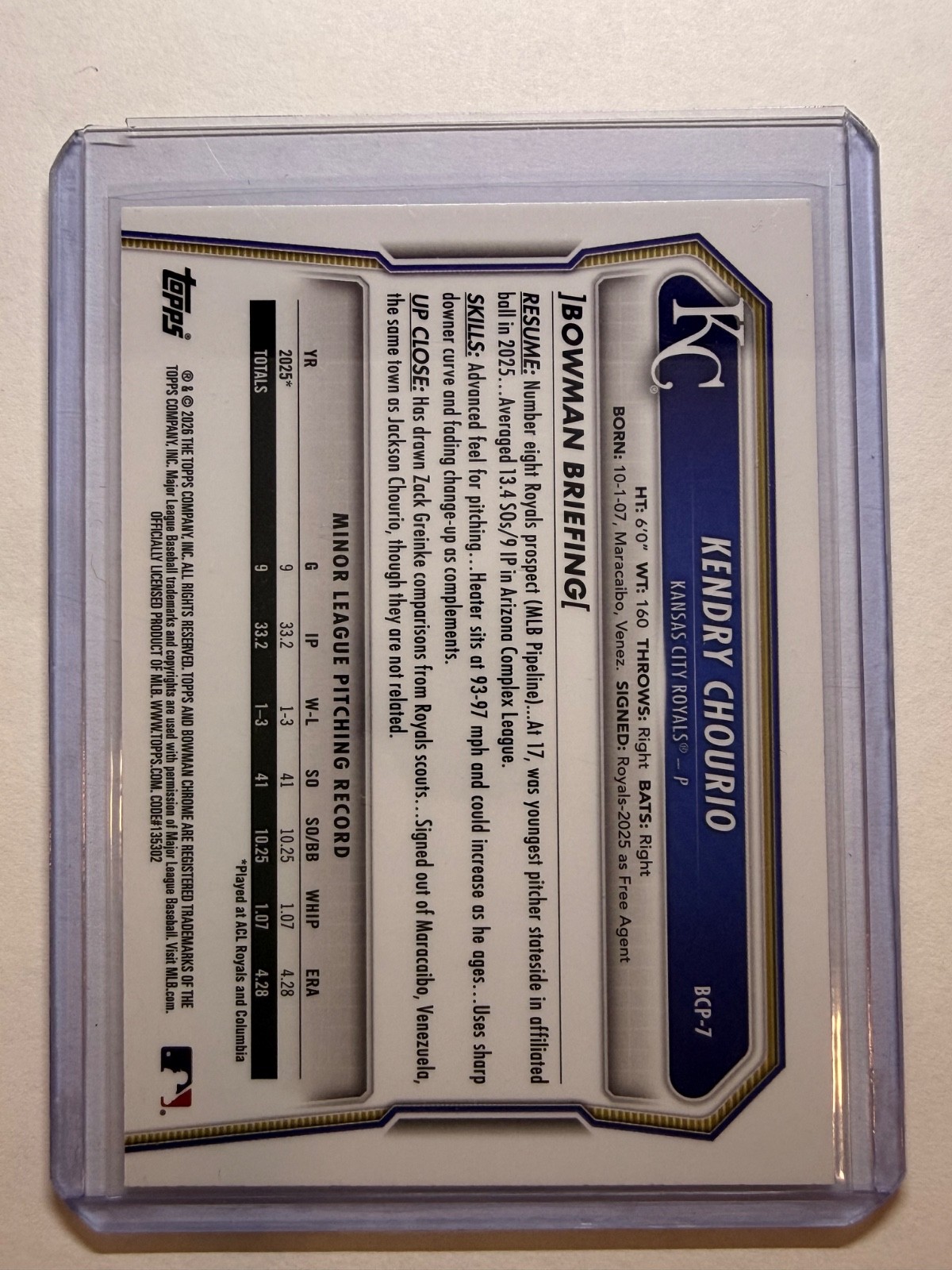 2026 Bowman #BCP-7 Kendry Chourio Chrome Prospects Lava Refractor /399