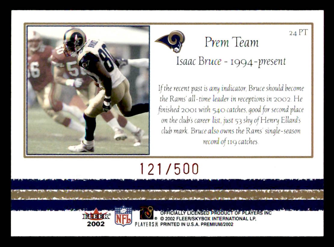 2002 Fleer Premium #24PT Isaac Bruce /500 Team Ruby St. Louis Rams