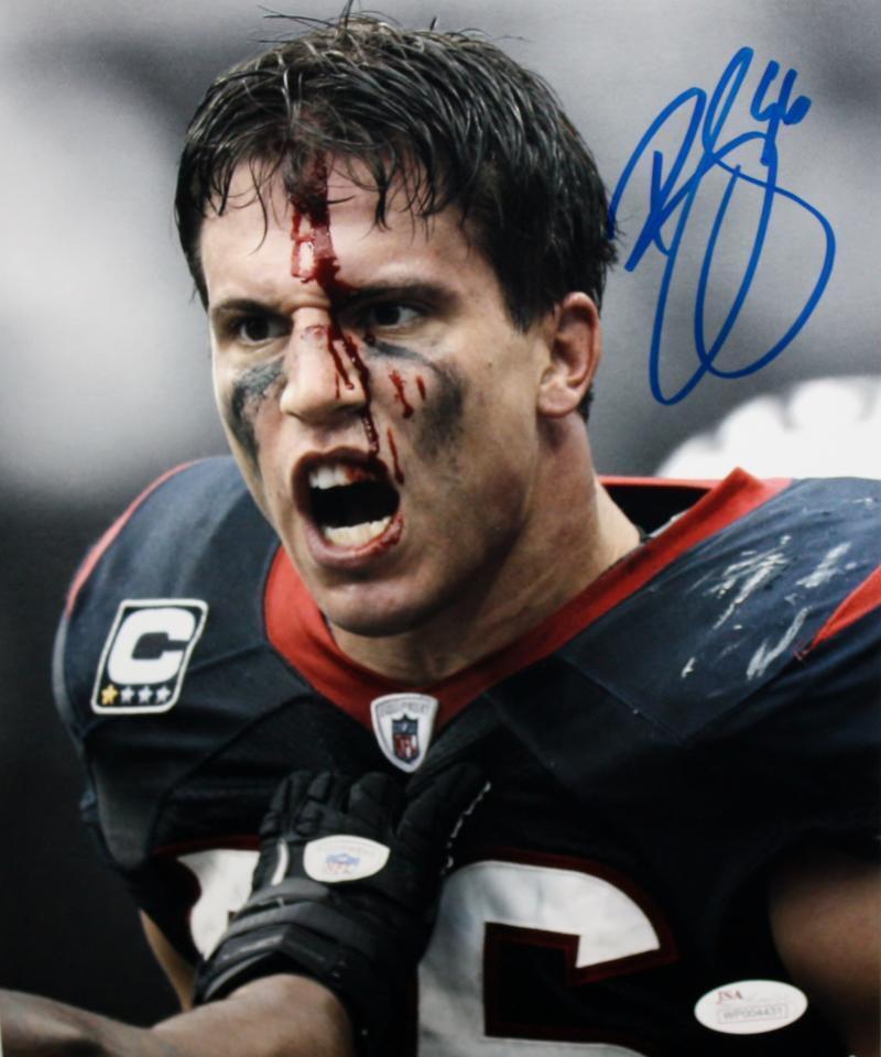 Brian Cushing Autographed 8×10 B&W Bloody Face Color *Blue Photo- JSA W Auth