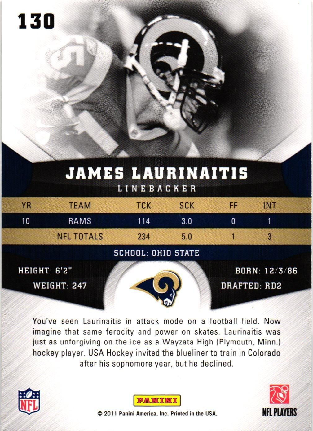 #130 James Laurinaitis Signed 2011 Panini Gridiron Gear NFL Football Card AUTO