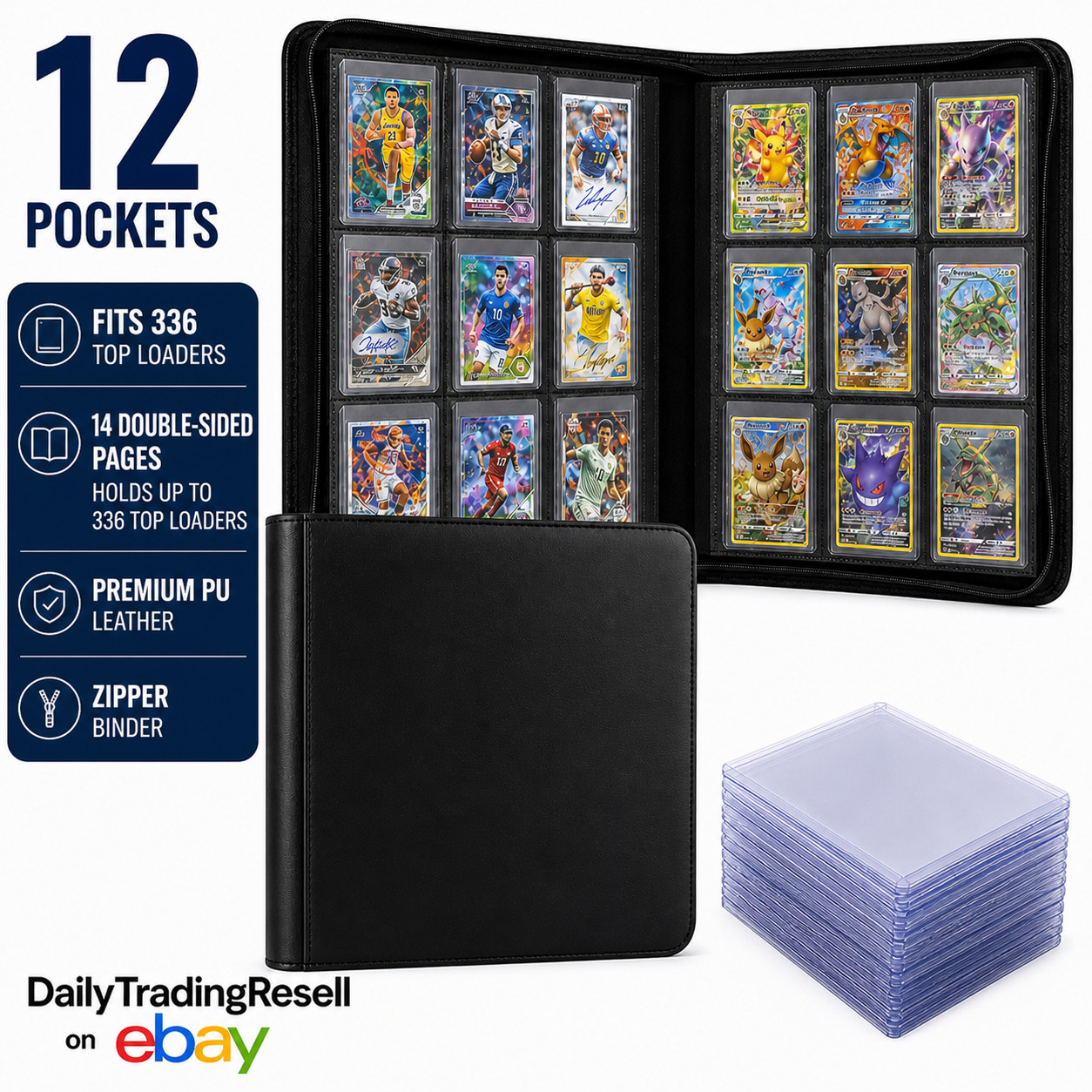 Toploader Binder 12 Pocket Zipper Card Album Holds 336 Top Loaders Side Load
