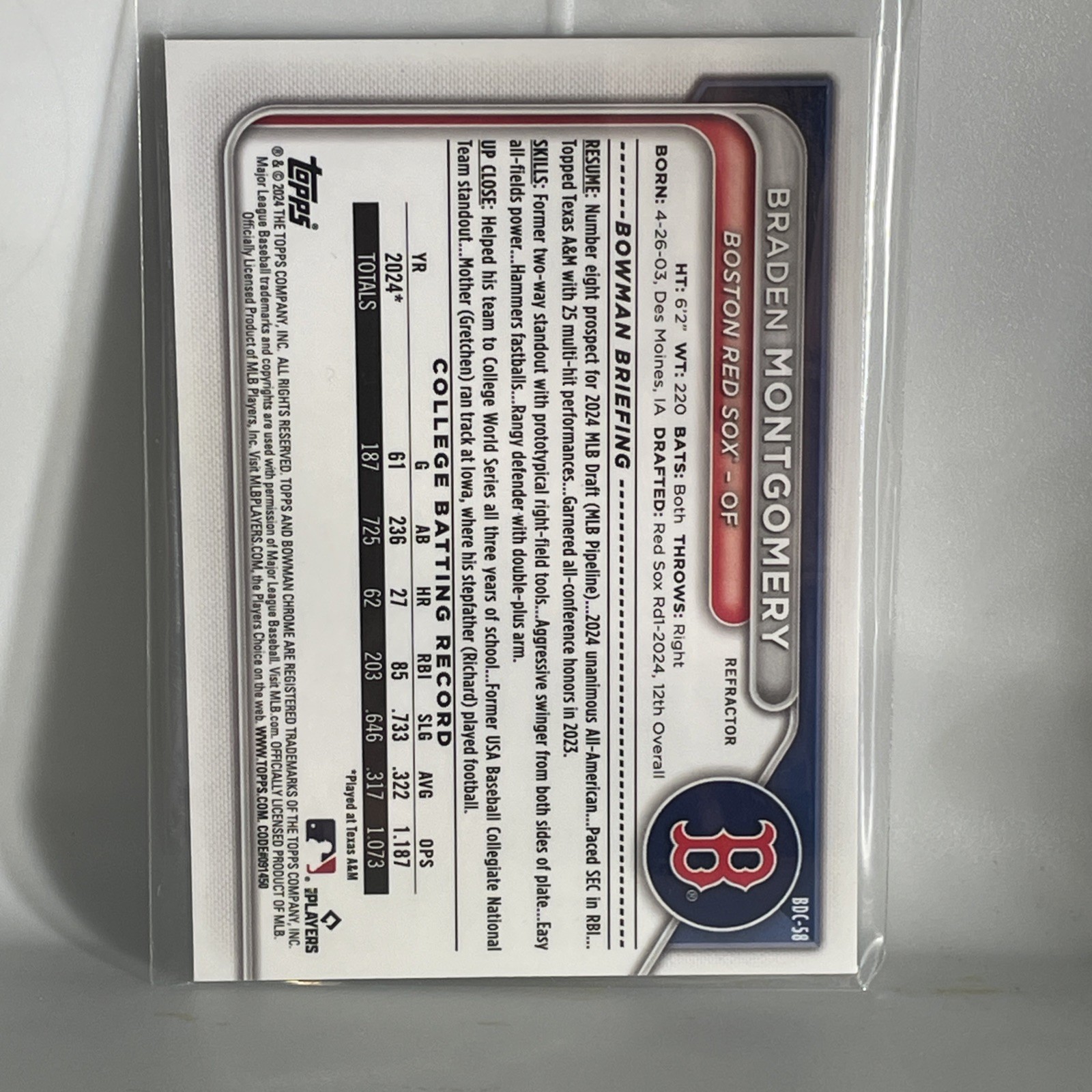 Braden Montgomery 2024 1st Bowman Draft Chrome Refractor RC #BDC-58 Chicago SP