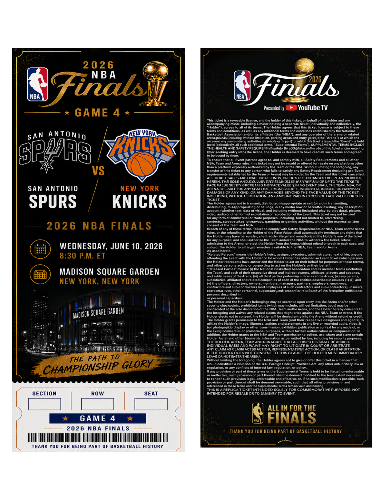 NY Knicks Vs SA Spurs NBA Finals Game 4 Commemorative Ticket Stub Custom