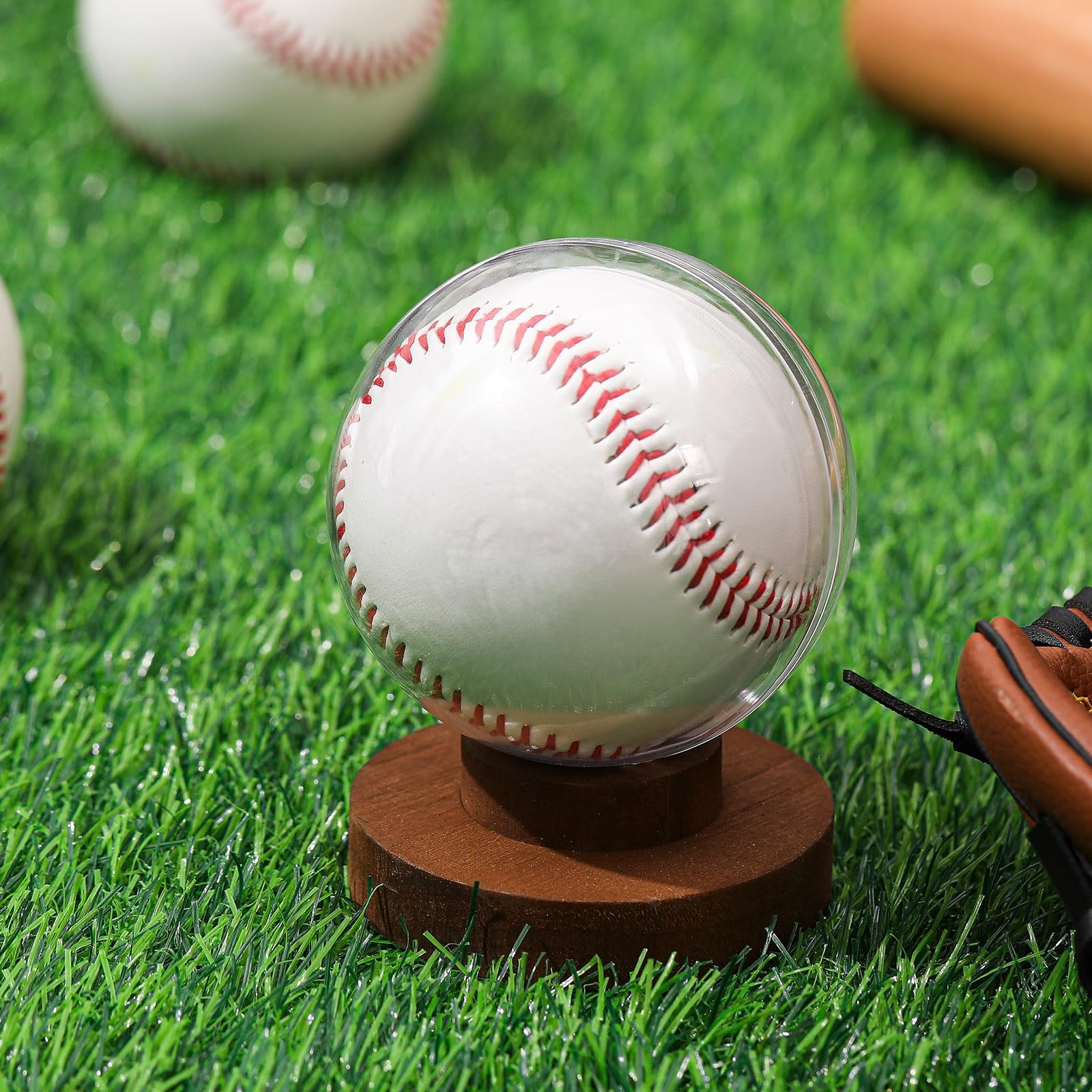 1 Set Baseball Display Case Wood Base Baseball Holder Stand Box Round Clear B…