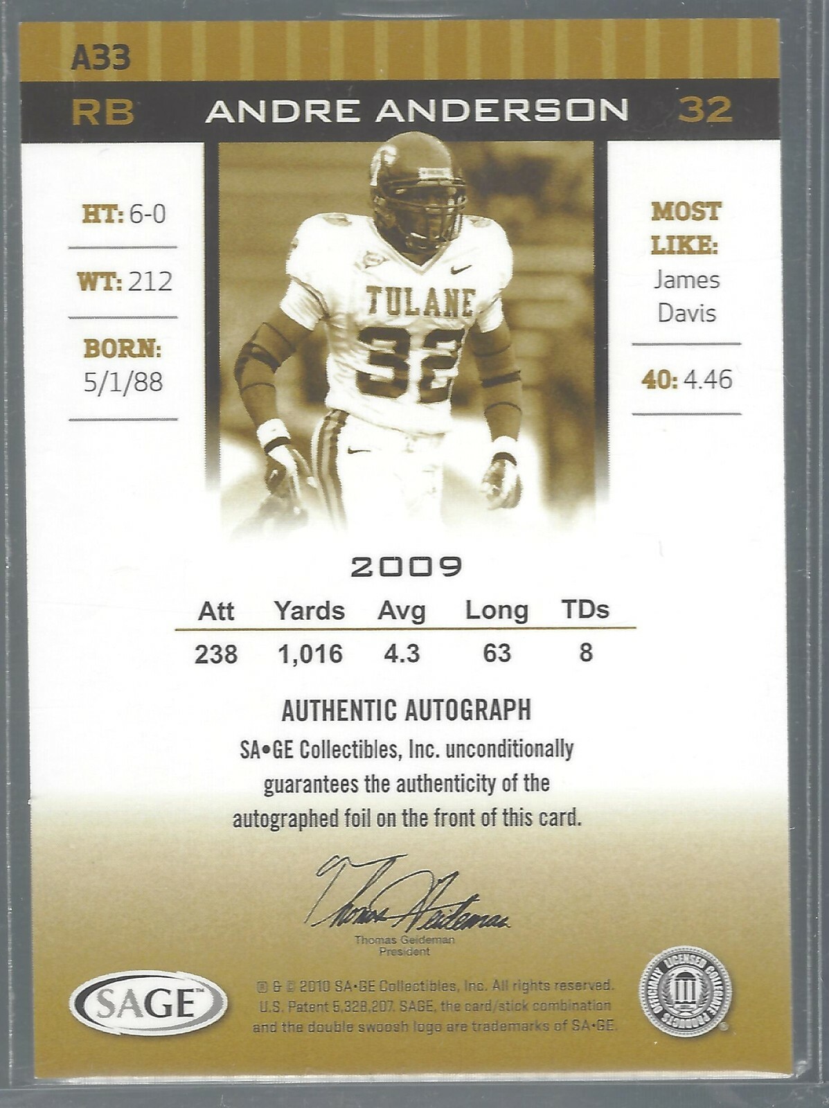 Andre Anderson 2010 SAGE HIT Autographs #A33