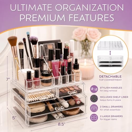 Brookstone Makeup Organizer Countertop, Cosmetic Clear 1 Pack Case with Drawers