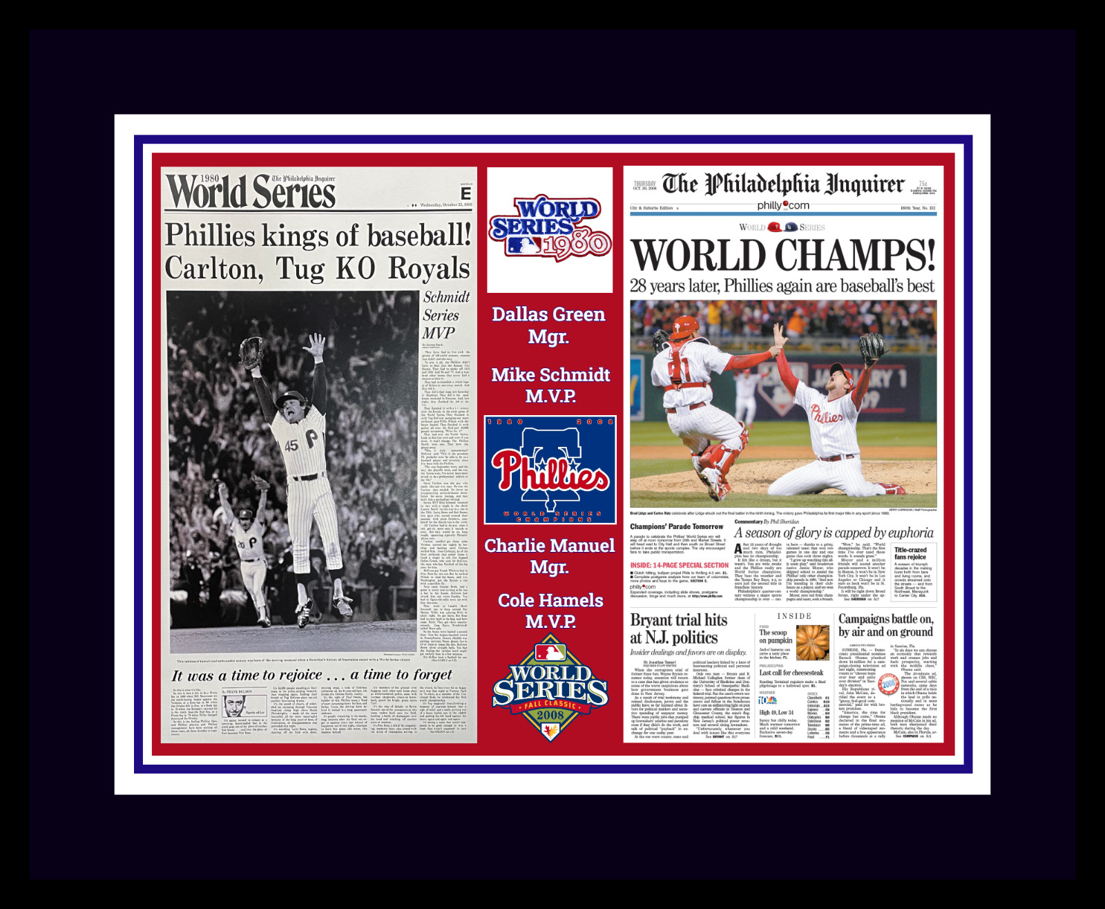 PHILADELPHIA PHILLIES MATTED MULTI IMAGE PIC 1980@2008 WORLD SERIES NEWSPAPERS#2