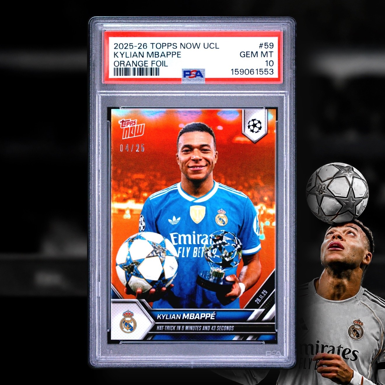 KYLIAN MBAPPE ORANGE FOIL 4/25 ⚽🏆🔥 2025-26 TOPPS NOW #59 UCL PSA 10 GEM POP 2!