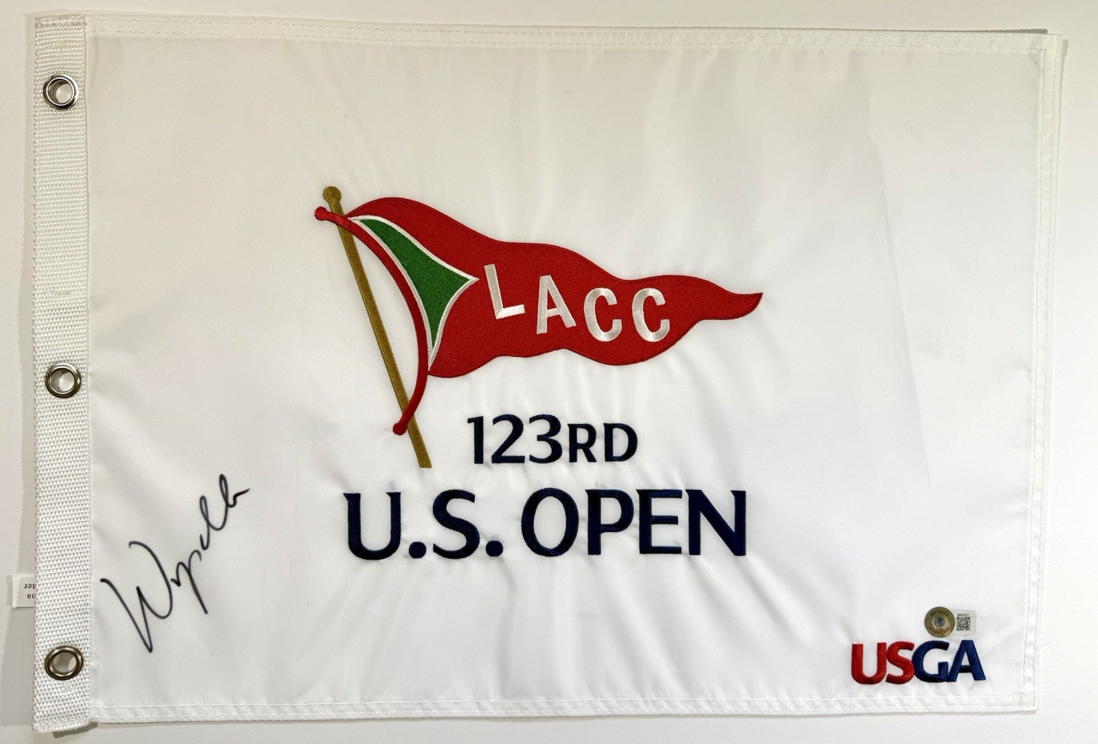 Wyndham Clark signed 2023 US Open Flag Lacc golf beckett bas coa