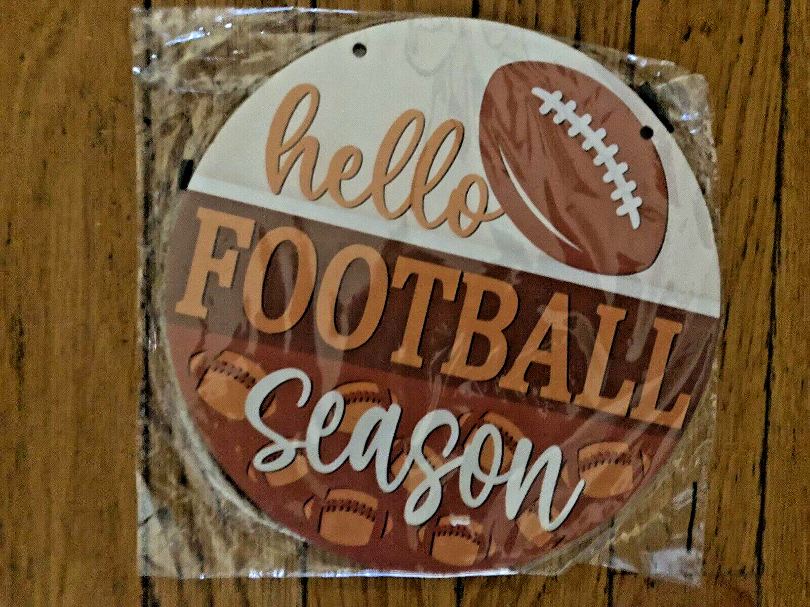 HELLO FOOTBALL SEASON WOODEN ROUND HANGING SIGN NEW
