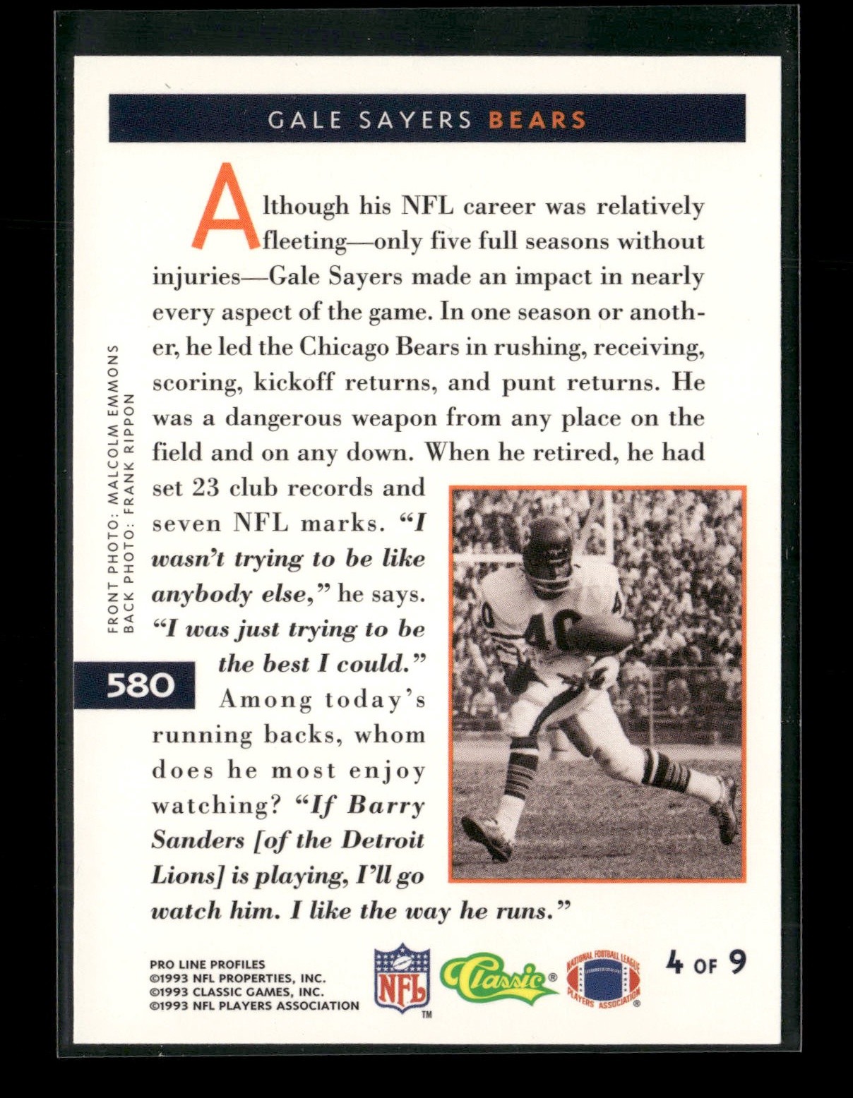 1993 Pro Line Profiles #580 Gale Sayers Chicago Bears