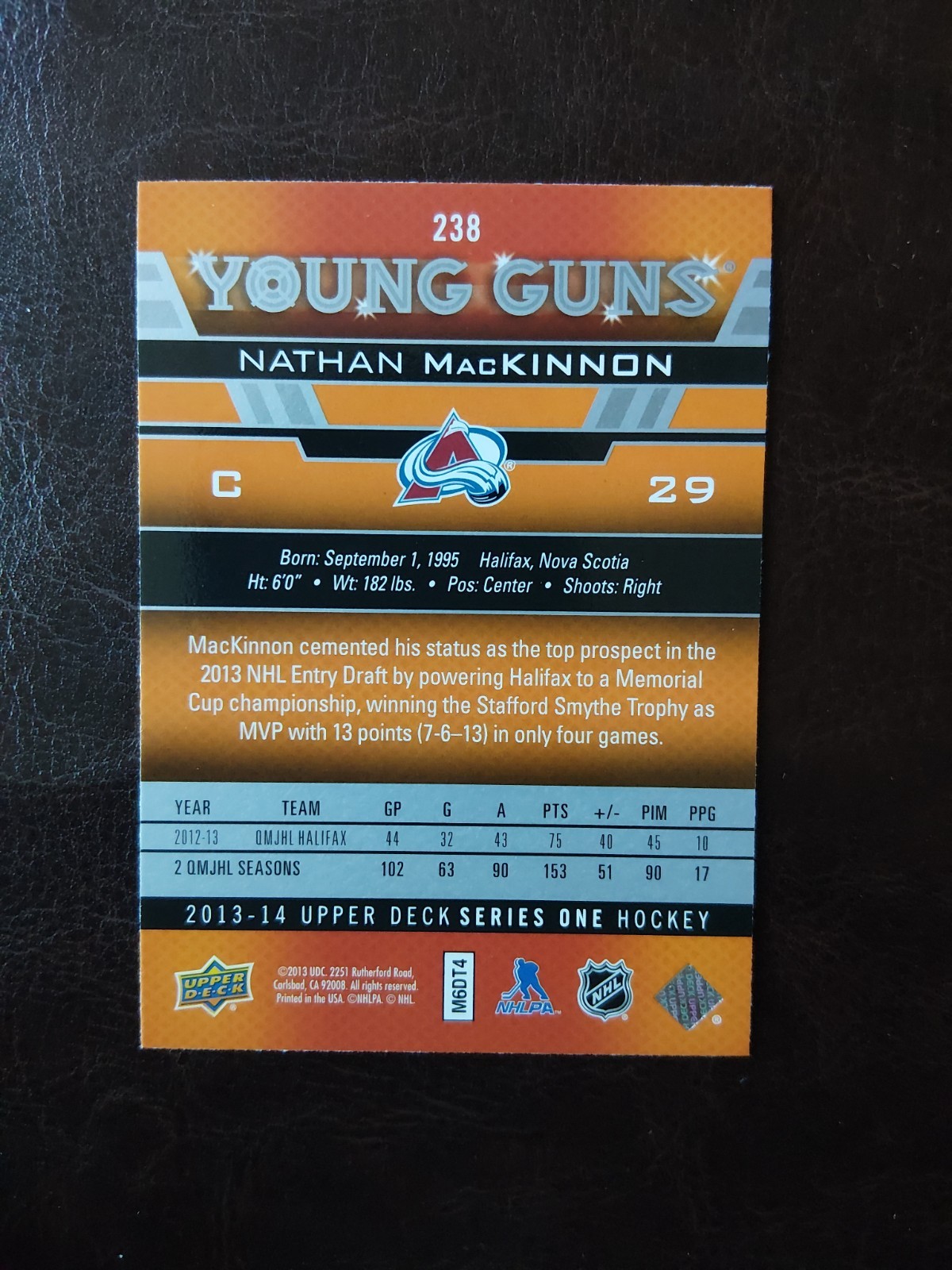 2013 Upper Deck Nathan MacKinnon Young Guns #238 Rookie RC No Pink