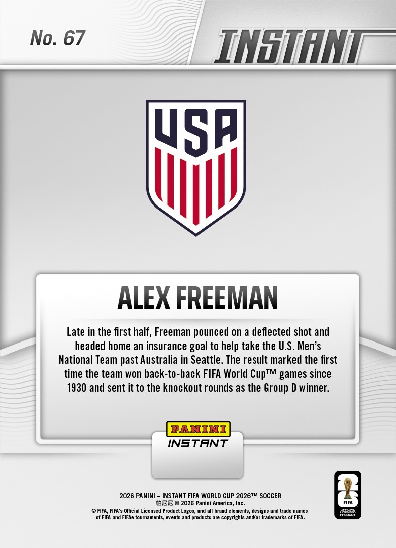 2026 Panini Instant FIFA World Cup #67 Alex Freeman United States RC PRESALE