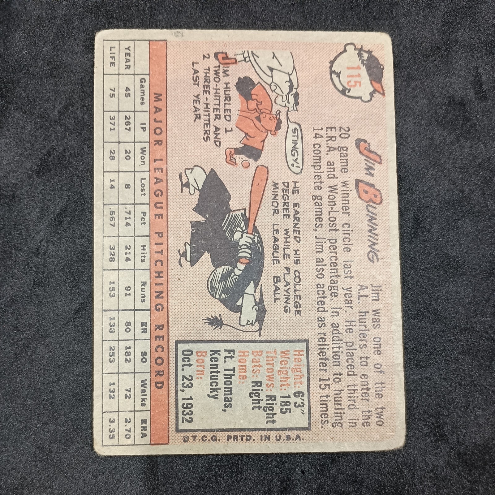 1958 Topps #115 Jim Bunning Has Surface Damage and Marks