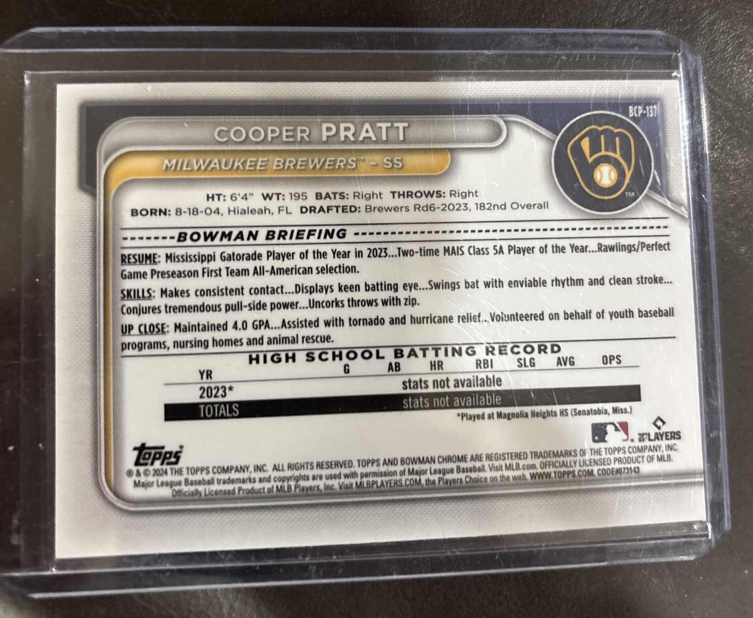 2024 Bowman Sapphire Edition – Chrome Prospects Cooper Pratt #BCP-137 (RC)
