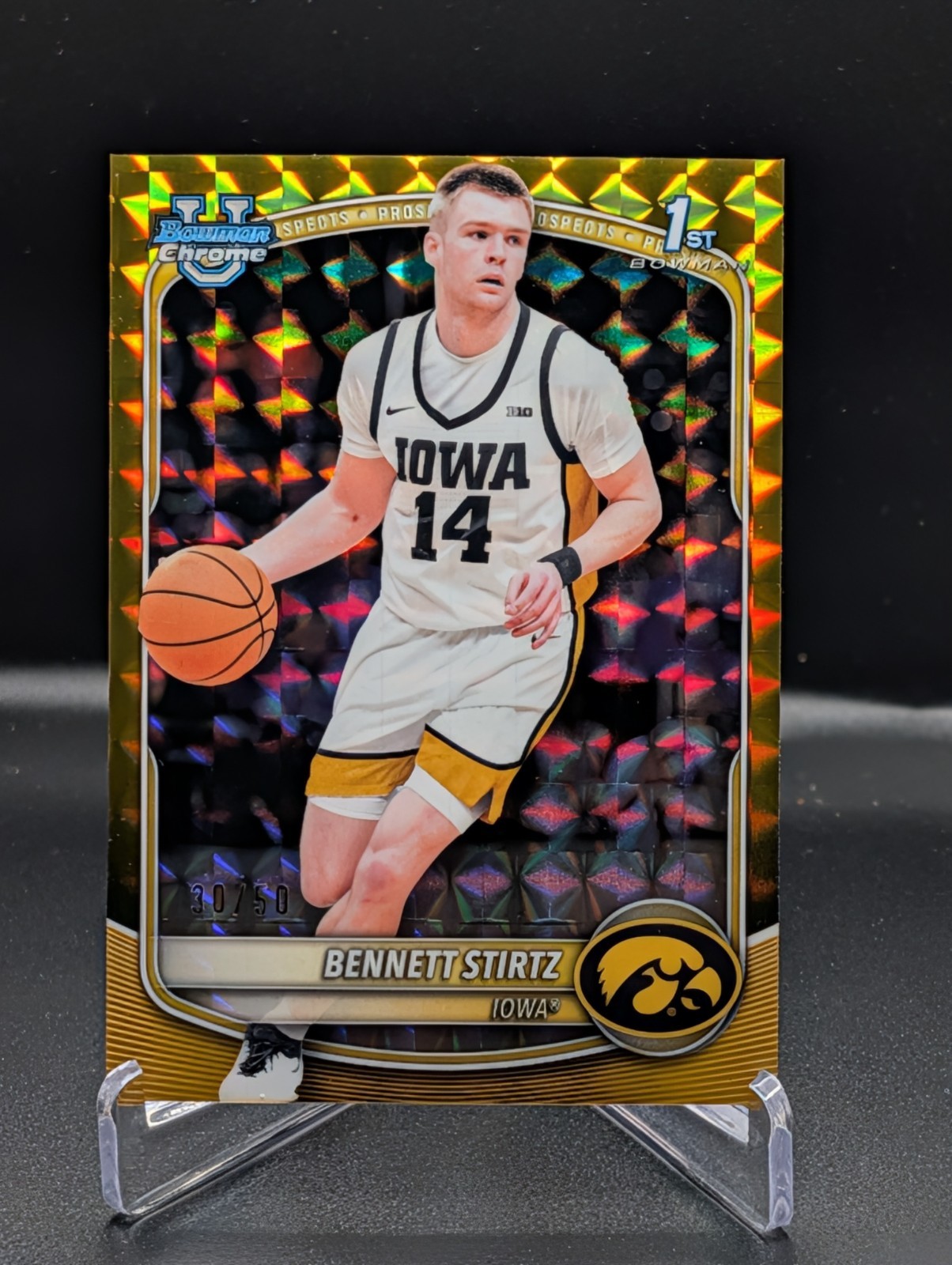2025-26 Bowman Bennett Stirtz Chrome 1st Refractor Gold Geometric #/50 Hawkeyes