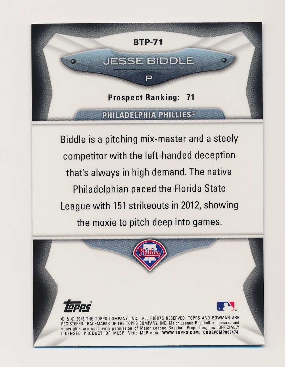 JESSE BIDDLE ⚾ 2013 Bowman Chrome Top 100 Prospects Insert #BTP-71 Phillies