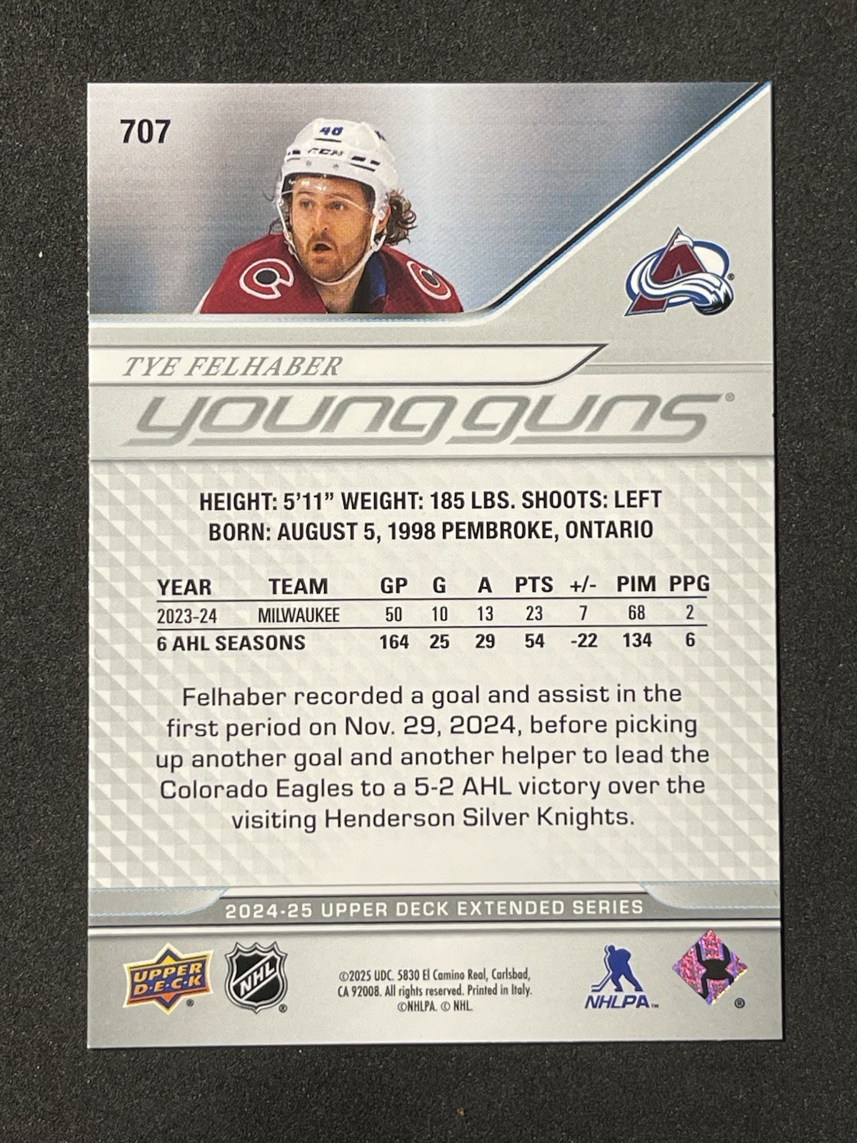 2024-25 Upper Deck Extended Series – Tye Felhaber Young Guns #707 (RC)